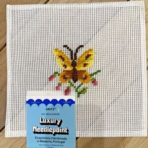 Dritz Luxury Needlepoint Yellow Butterfly Handmade Portugal Vtg Canvas Embroider